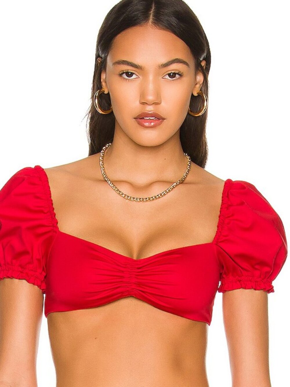 Agua Bendita Romina Voila Puff Sleeves Bikini Swim Top Red Revolve Size Small